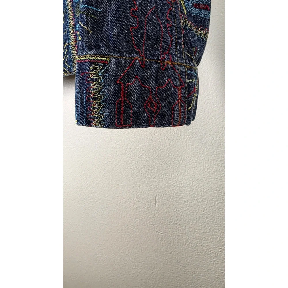 Chicos Design Jean Jacket Womens Sz 2 Blue Embroidered Beaded Denim Tribal Boho‎